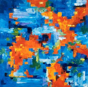 Abstract painting - oranges and blues called Surging Tide 1 by Banx 1000x1000mm MC6793 $115+GST/month short-term $69+GST/month long-term. $2,530 to buy