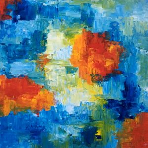 Abstract painting - oranges and blues called Surging Tide 2 by Banx 1000x1000mm MC6794 $115+GST/month short-term $69+GST/month long-term. $2,530 to buy