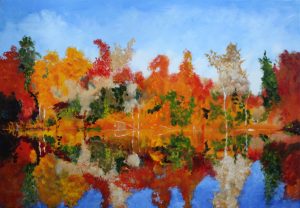 Painting of Autumn trees with reflection in a lake called True Colours by Banx MC6780 1300x900mm SOLD
