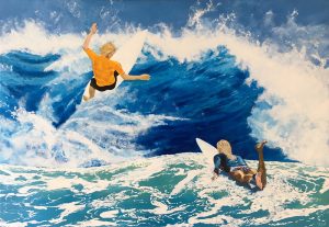 Painting of man and woman surfing called Untamed by Banx 1300x900mm MC6805 $135+GST/month short-term $81+GST/month long-term. $,970 to buy