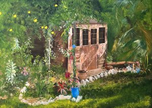 Painting of a garden shed called Up the Garden Path by Banx 1300x900mm MC6831 $135+GST/month short-term $81+GST/month long-term. $2,970 to buy