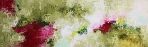 Abstract painting in olive green and magenta called Woodland by Banx 1700x500mm MC6693 $97.50+GST/month short-term $58.50+GST/month long-term. $2,145 to buy