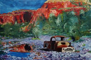 Painting of a rusty old car called Wrecked - Ruby Gap 2013 by Banx 1500x1000 MC6601 SOLD