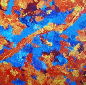 Abstract painting in orange and blue called Aerial Dance by Banx 600x600mm MC5943 SOLD