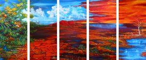 Abstract painting of outback landscape called An Opal-hearted Country - polyptych by Banx 5@ 500 x 1100mm MC5506 SOLD