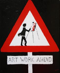 Painting of a sign called Art Work Ahead by Banx 600x750mm MC6071 $36+GST/month short-term $21.6+GST/month long-term. $792 to buy