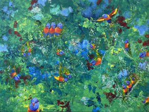 Painting of 19 lorikeets called Birds of a Feather by Banx 1200x900mm MC6834