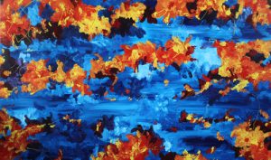 Abstract painting in blue and orange called Chance Encounter, Butterfly Effect 12 by Banx 2000 x 1200mm MC5486 $180+GST/month short-term $108+GST/month long-term. $3960 to buy