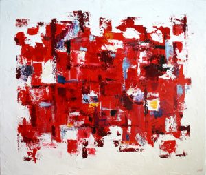 Abstract painting in red and white called Don't Box Me In by Banx 1000x850mm MC6134 SOLD