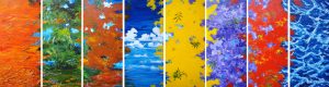 Abstract multi-coloured abstract painting called From Gold Plains to Ocean Blue - 8 x polyptych by Banx 8@525x1200mm MC5854 SOLD