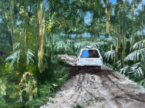 Painting of an old station wagon with surfboards on the roof on a rough road in a palm grove called Fronds in High Places by Banx 1200x900mm MC6835