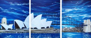 Painting triptich of Sidney Opera House and Bridge called Harbour City - triptych by Banx 3@750x1000mm MC5853 $192.50+GST/month short-term $115.50+GST/month long-term. $4235 to buy