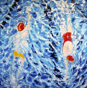 Painting of two people doing lengths called Making a Splash by Banx 1500x1500mm MC5861 SOLD