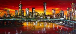 Painting of Brisbane at dusk called Night Story by Banx 900 x 400mm MC5560 SOLD