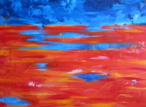 Abstract painting in orange and blue called Over the Thirsty Paddock by Banx 1400 x 1000mm MC5502 SOLD