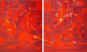Abstract diptych painting in red called Red Harbour diptich by Banx 2@600x750mm MC5964 $67.50+GST/month short-term $40.50+GST/month long-term. $1485 to buy