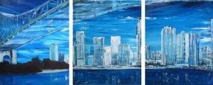 Painting of Brisbane and Story Bridge called Riverbend - triptych by Banx 3@ 800 x 1000 MC5567 SOLD