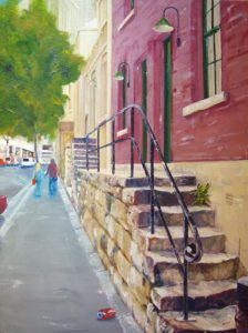 Painting of stone steps on Harrington St, Sydney called Road to Gumnuts by Banx 900x1200mm MC5852 SOLD