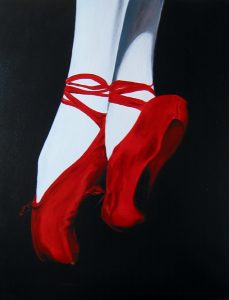 Painting of red ballet shoes called The Rehearsal by Banx 610 x 760mm MC5206 SOLD