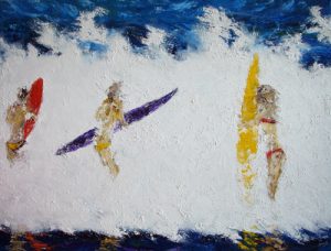 Painting of three girls in the surf called Three Sister by Banx 1200x900mm MC5973