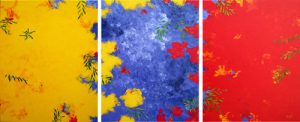 Abstract painting in Yellow, purple and red called Wattle, Jacaranda, Pointsettia triptych by Banx 3@600x750mm MC5794 SOLD