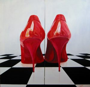 Painting of two stiletto heals called Well-Heeled - diptich by Banx 2@ 600 x 900mm MC5197 SOLD