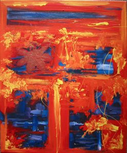 Abstract painting in orange and blue called Wild Blue Yonder by Banx 1750 x 500mm MC5683 SOLD