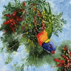 Painting of lorikeets called Birds in Paradise 1 by Banx 300x300mm MC6839 $10.45+GST/month short-term $6.27+GST/month long-term. $230 to buy