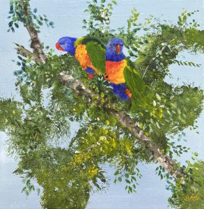 Painting of lorikeets called Birds in Paradise 3 by Banx 300x300mm MC6841 SOLD
