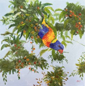 Painting of lorikeets called Birds in Paradise 4 by Banx 300x300mm MC6842 SOLD